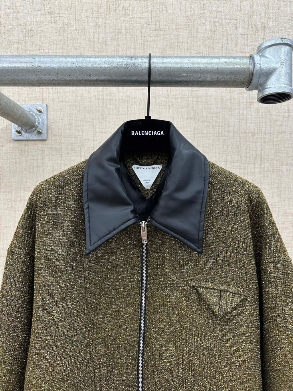 Bottega Veneta SG Men's Cotton Fringe Short Jacket Linen Beige Black Gold Silk Zipper Leather Lapel Long Sleeve Jacket #332619