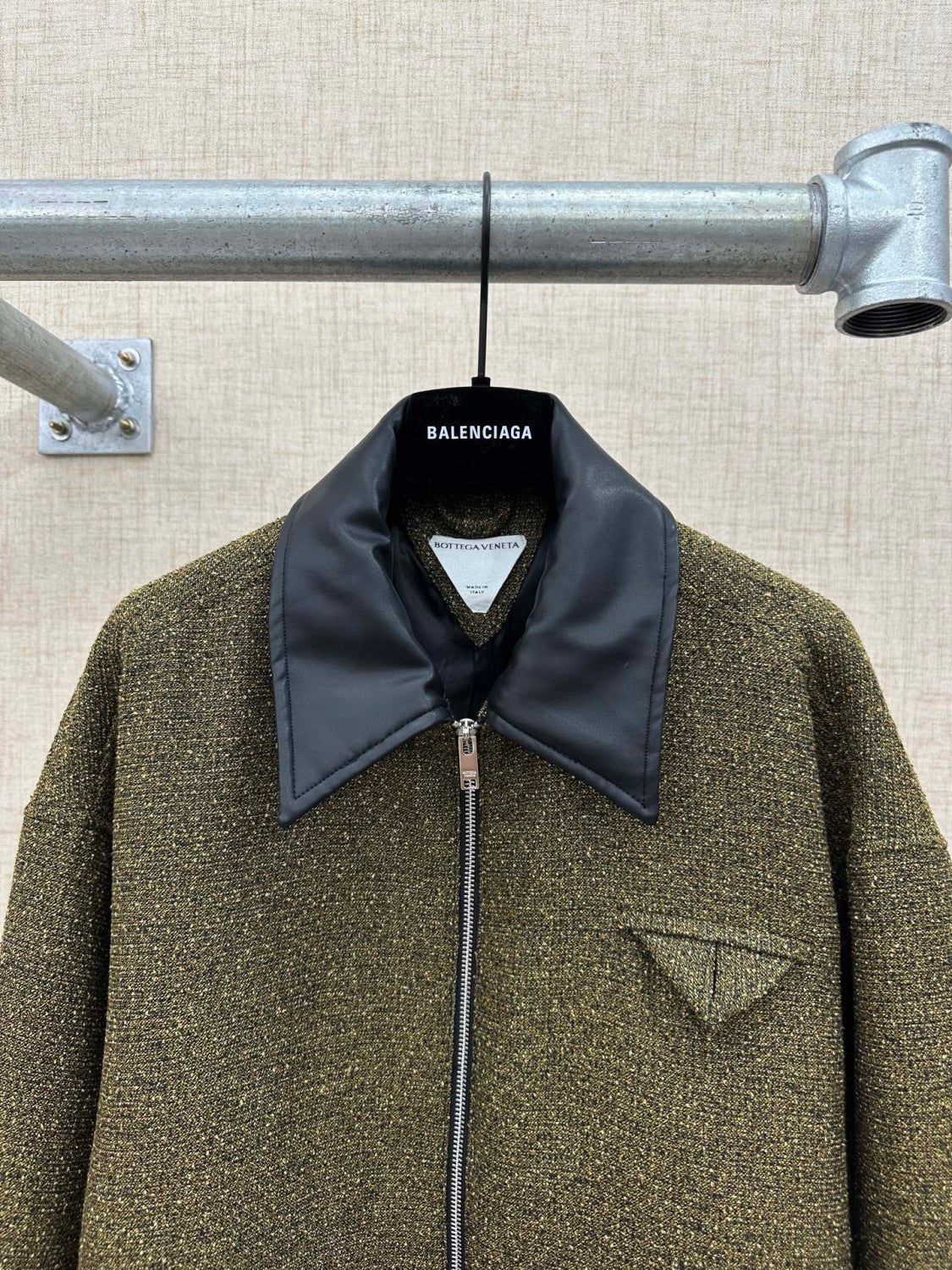 Bottega Veneta SG Men's Cotton Fringe Short Jacket Linen Beige Black Gold Silk Zipper Leather Lapel Long Sleeve Jacket #332619