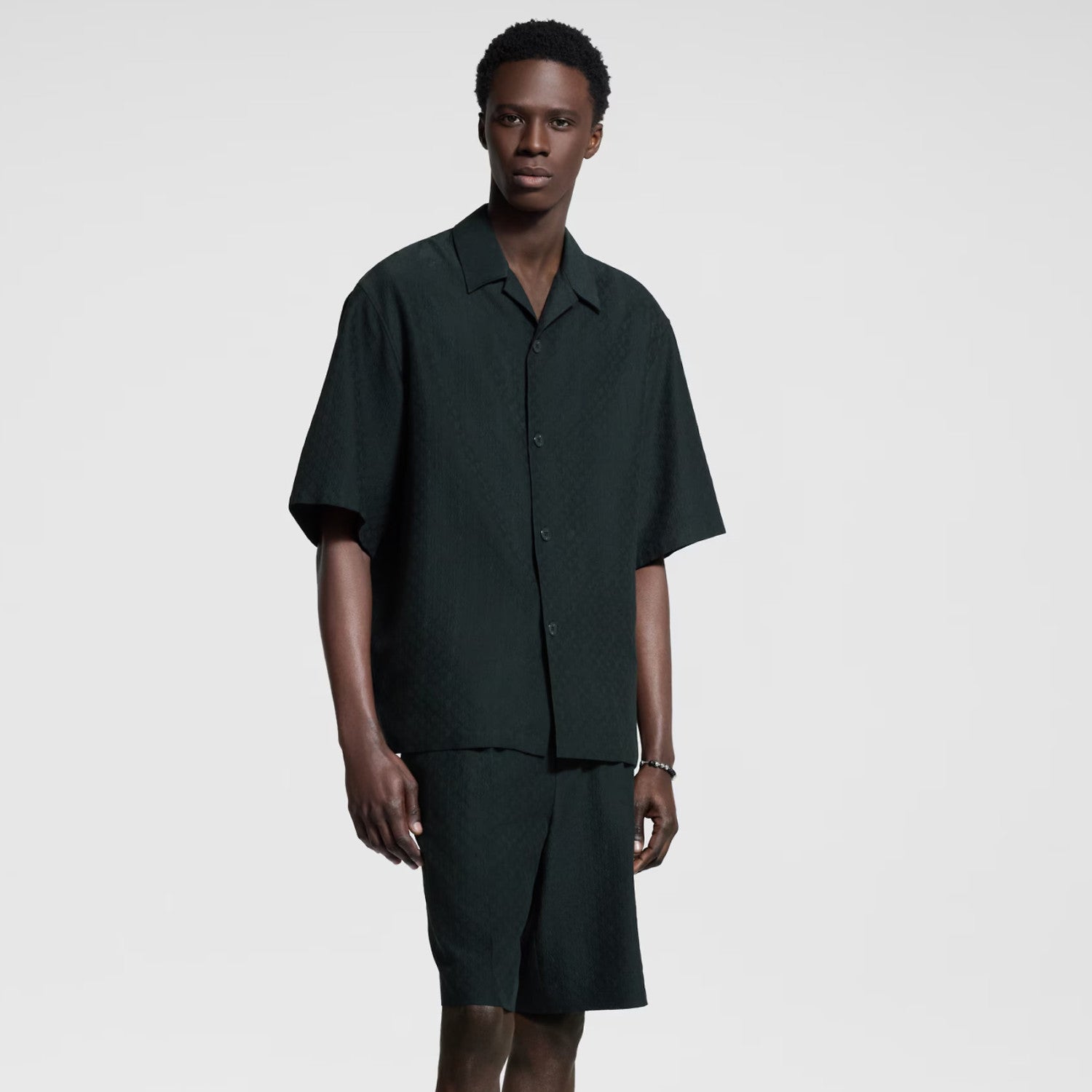 Louis Vuitton Men's Summer Solid Color Embroidered Full Print Silk Blend Single Breasted V-neck Short Sleeved Shirt And Casual Shorts Set Suit #77153