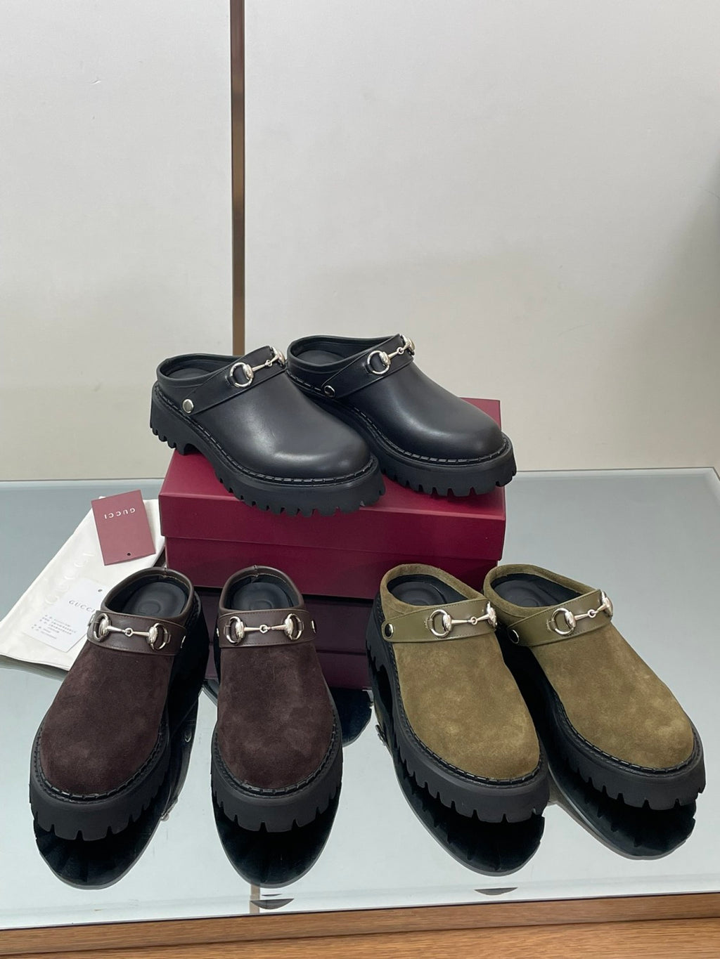 Gucci Women's Decorated Horsebit Buckle Mule Shoes Suede Leather Half Slippers Fashion Thick Bottom Height Increasing Shoes Heel Height:5cm  #81434