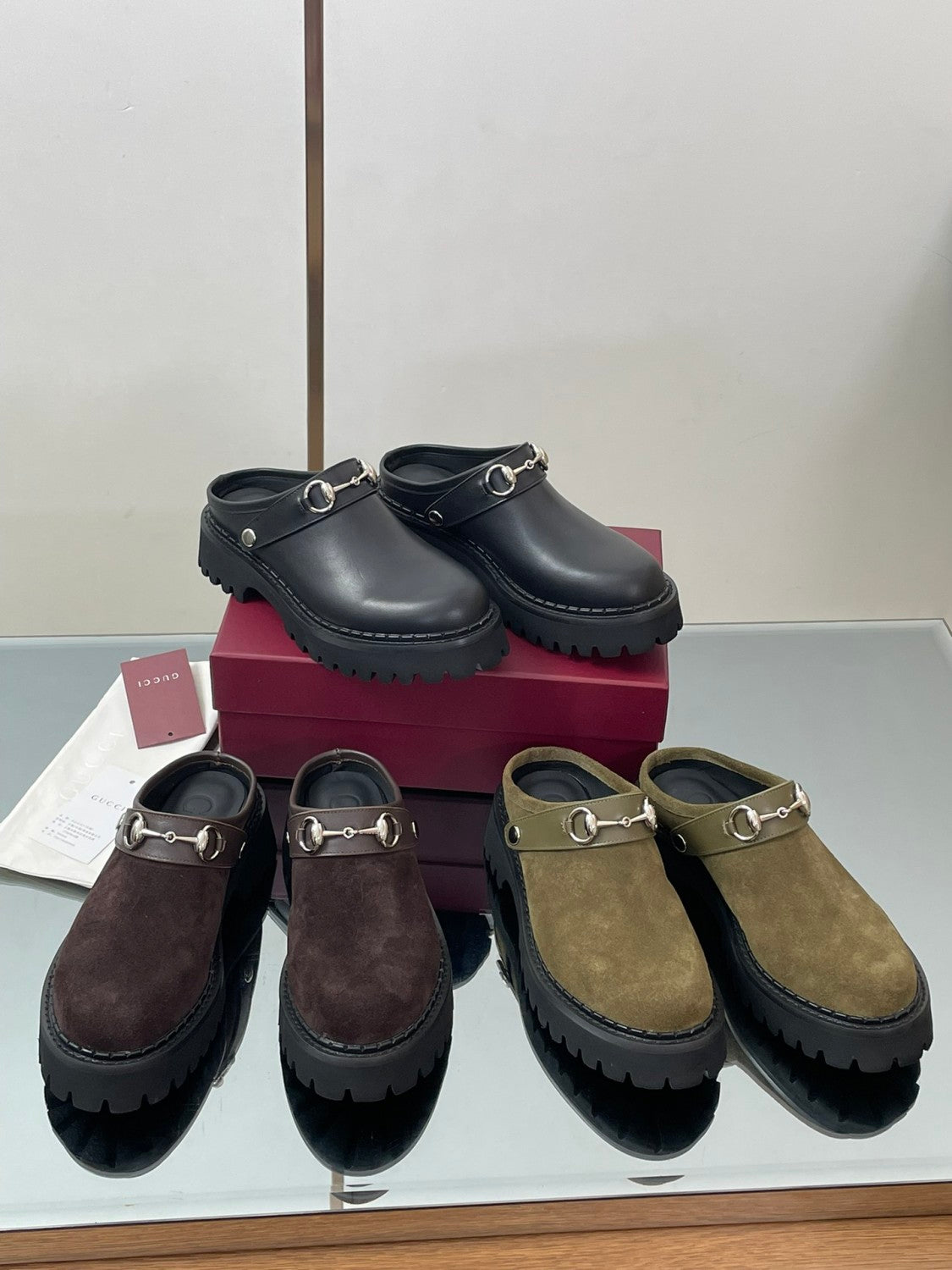 Gucci Women's Decorated Horsebit Buckle Mule Shoes Suede Leather Half Slippers Fashion Thick Bottom Height Increasing Shoes Heel Height:5cm  #81434