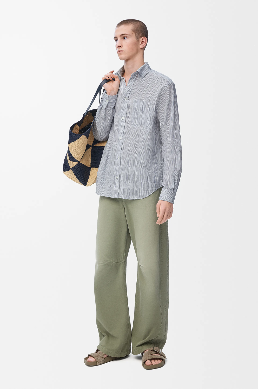 Loewe Men's Spring/Autumn Striped Wavy Texture Embroidered Solid Color Cotton Blend Solid Color Long Sleeve Shirt #81463