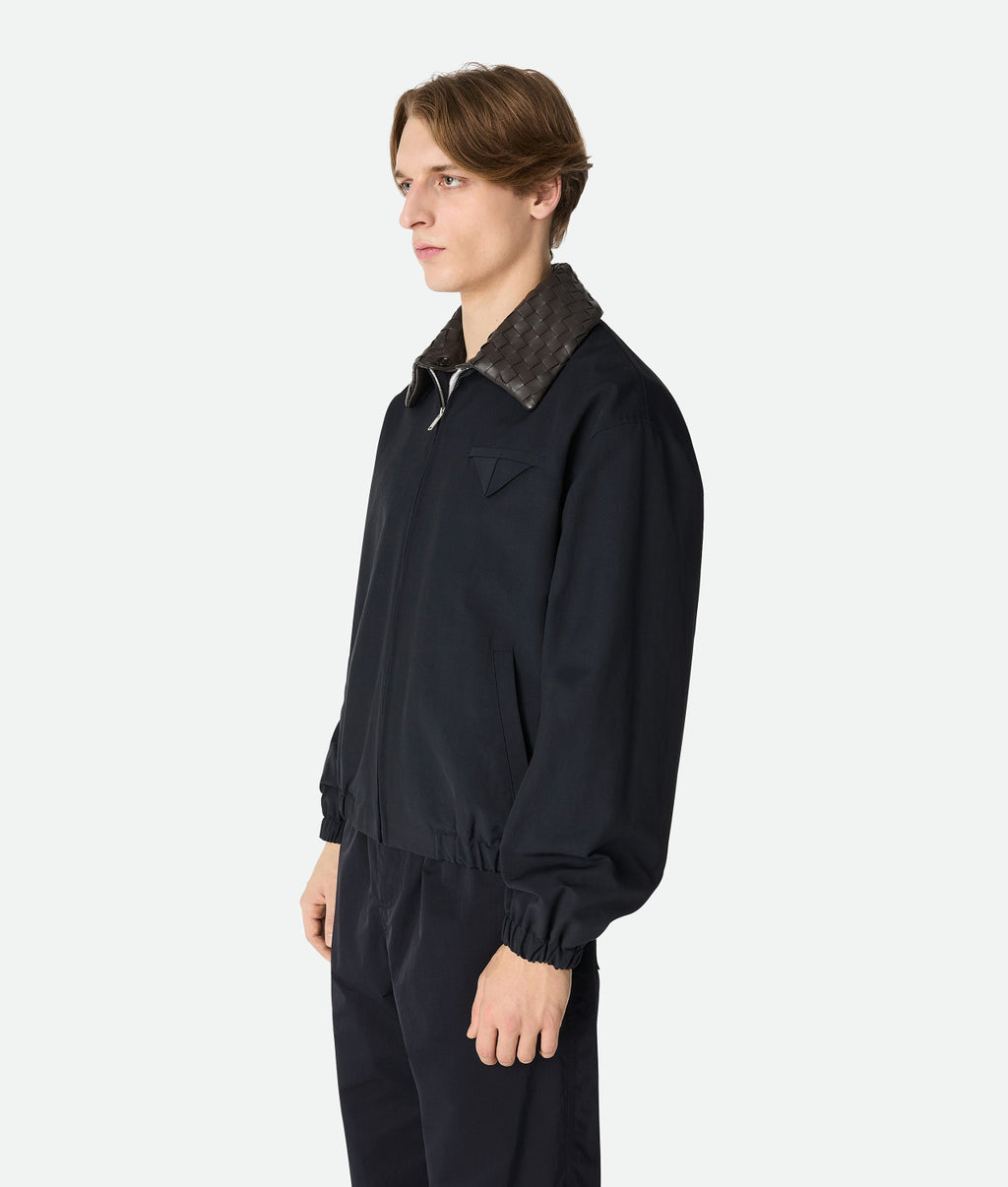 Bottega Veneta Men's Tech Cotton Zipper Woven Leather Collar Spring/Fall Solid Color Zipper Long Sleeve Jacket Ngvp #2367