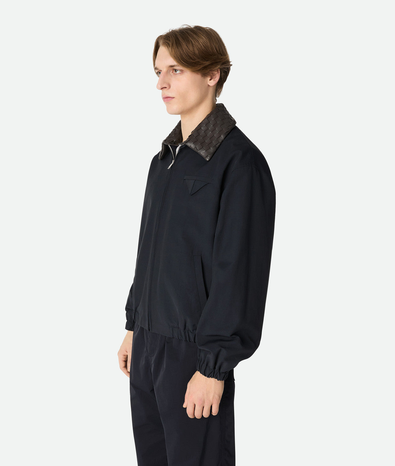 Bottega Veneta Men's Tech Cotton Zipper Woven Leather Collar Spring/Fall Solid Color Zipper Long Sleeve Jacket Ngvp #2367