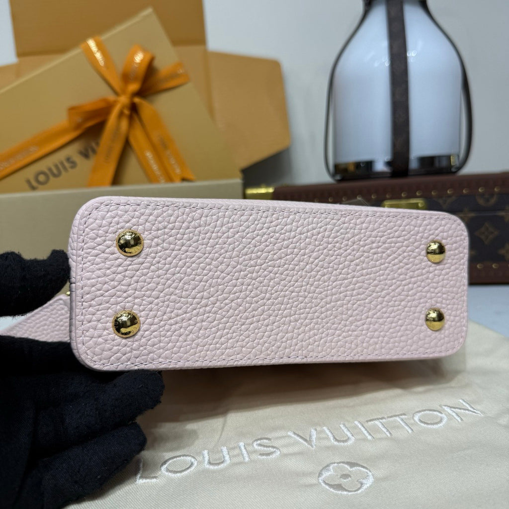 Louis Vuitton CAPUCINES MINI Handbag M24740 Cherry Blossom Pink Chip Monogram Floral Pattern Taurillon Leather Fashionable Modern Clutch Tote Crossbody Bag Bags #195564