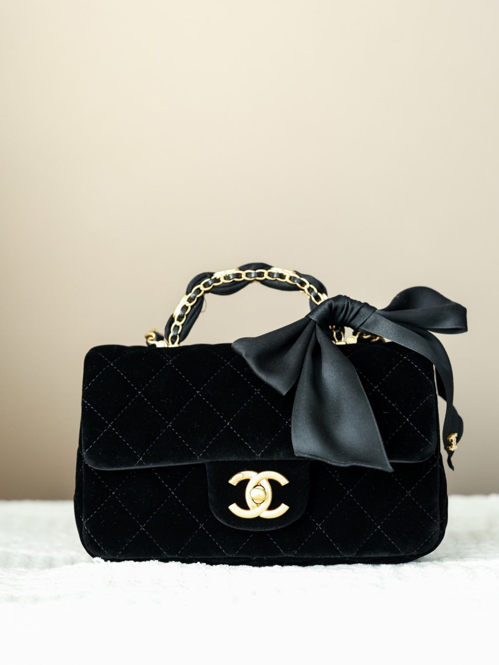 Chanel Mini Flap Bag With Top Handle Velvet Silk Gold-tone Metal Black #336177