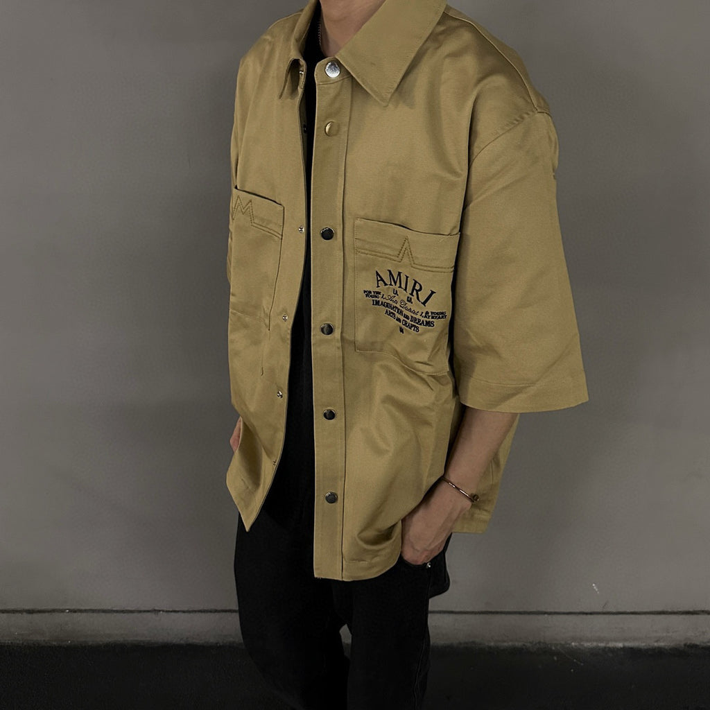 Amiri Men's Arts District Camp Solid Color Logo Embroidered Lapel Single Breasted Short Sleeve Shirt #76214