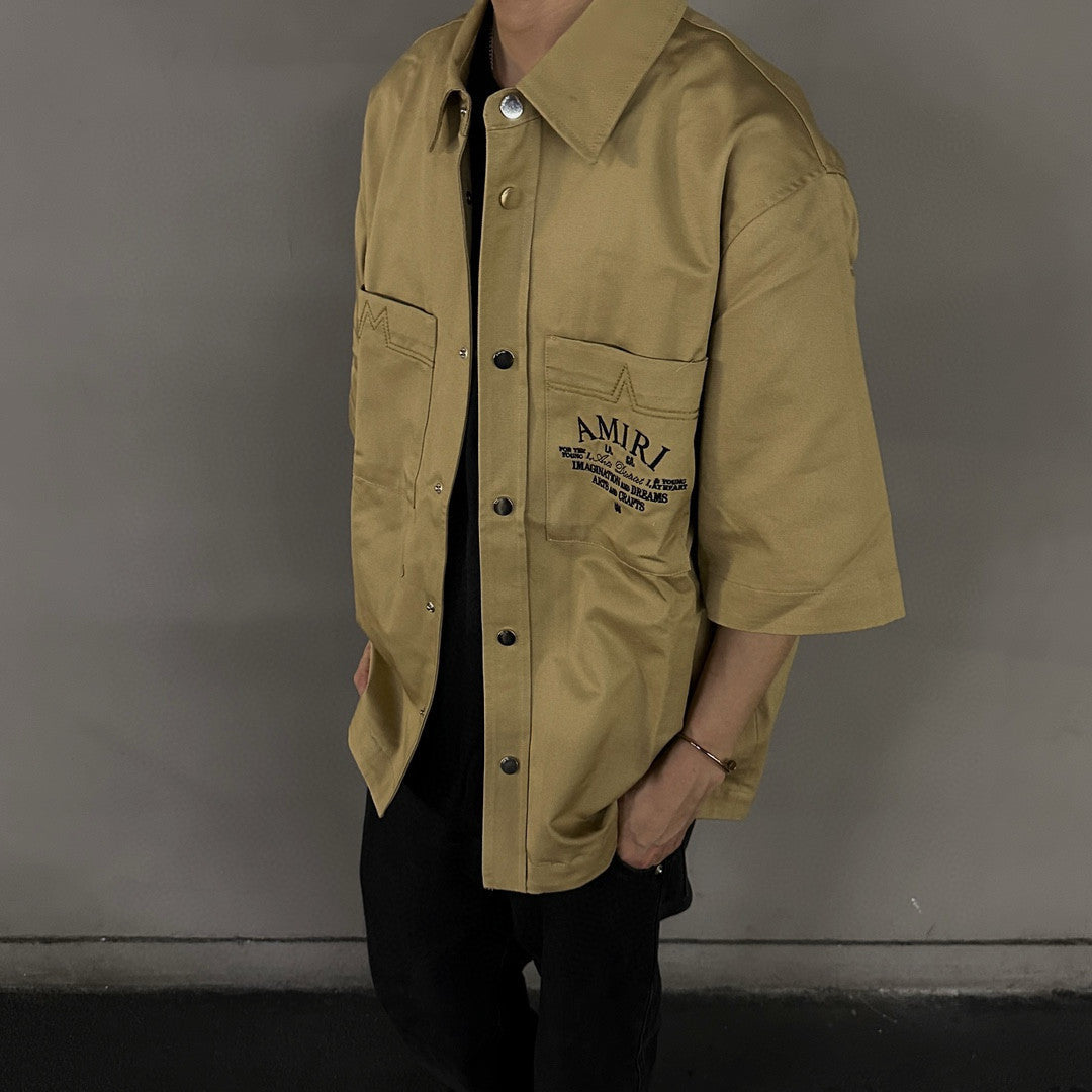 Amiri Men's Arts District Camp Solid Color Logo Embroidered Lapel Single Breasted Short Sleeve Shirt #76214