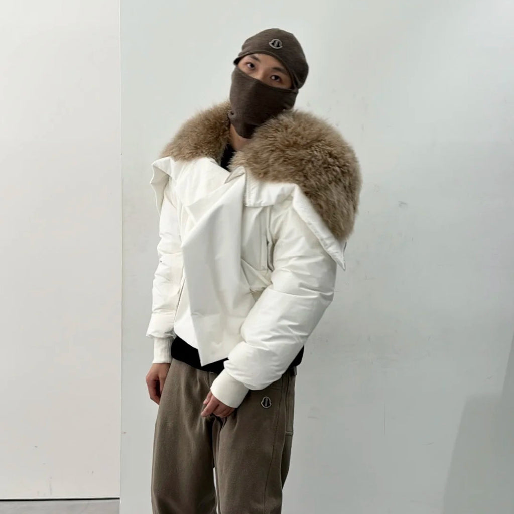 Moncler x Rick Owens Men's Women's Autumn And Winter Large Fur Collar Removable Trend High Street White Down Jacket Zip Hooded Jacket Ngvp #9794
