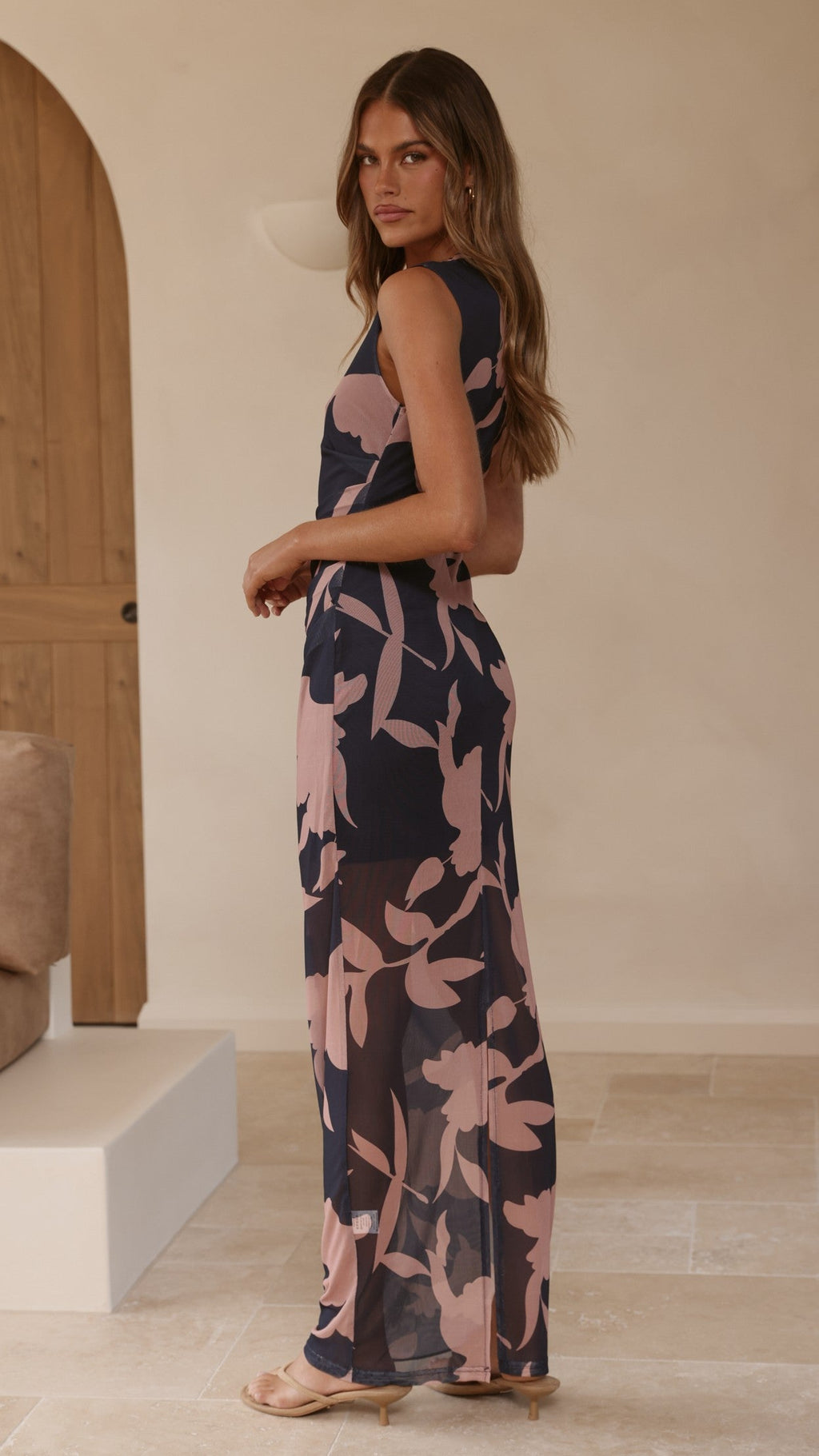 Lilani Mesh Maxi Dress - Navy/Pink Print