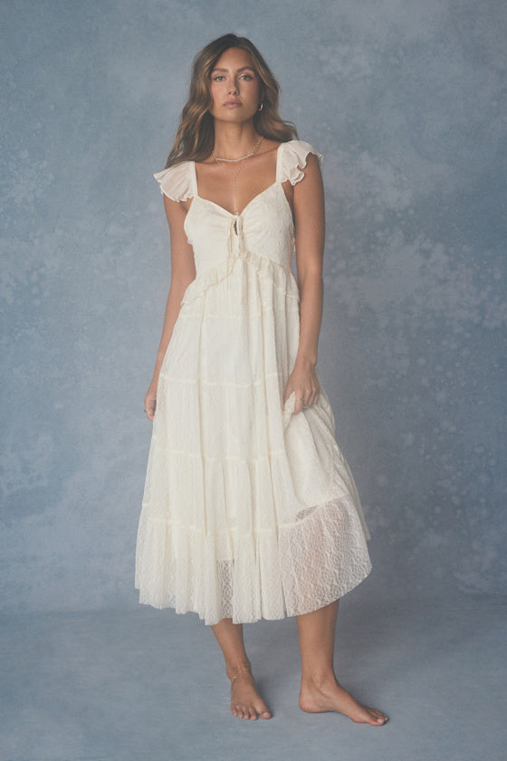 Meli Cream Mixed Media Tiered Midi Dress