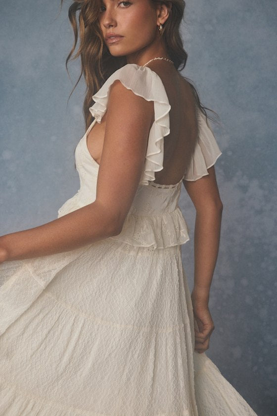 Meli Cream Mixed Media Tiered Midi Dress