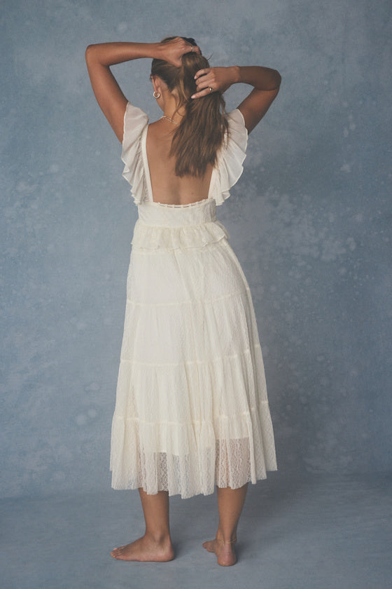 Meli Cream Mixed Media Tiered Midi Dress