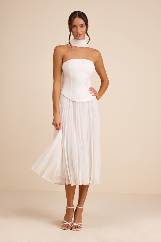 Laubrey White Floral Jacquard Midi Dress and Scarf Set