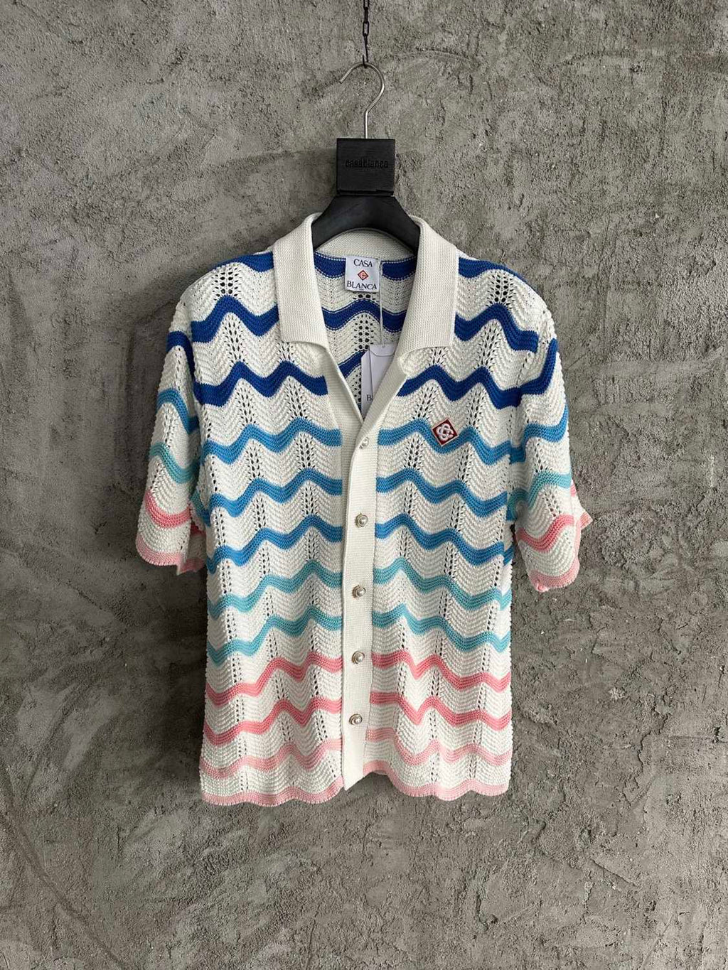 Casablanca Men's And Women's Summer Gradient Wave Print V-neck Single Breasted Knit Short Sleeved Shirt Casual Knit Shorts Suit Set #75833