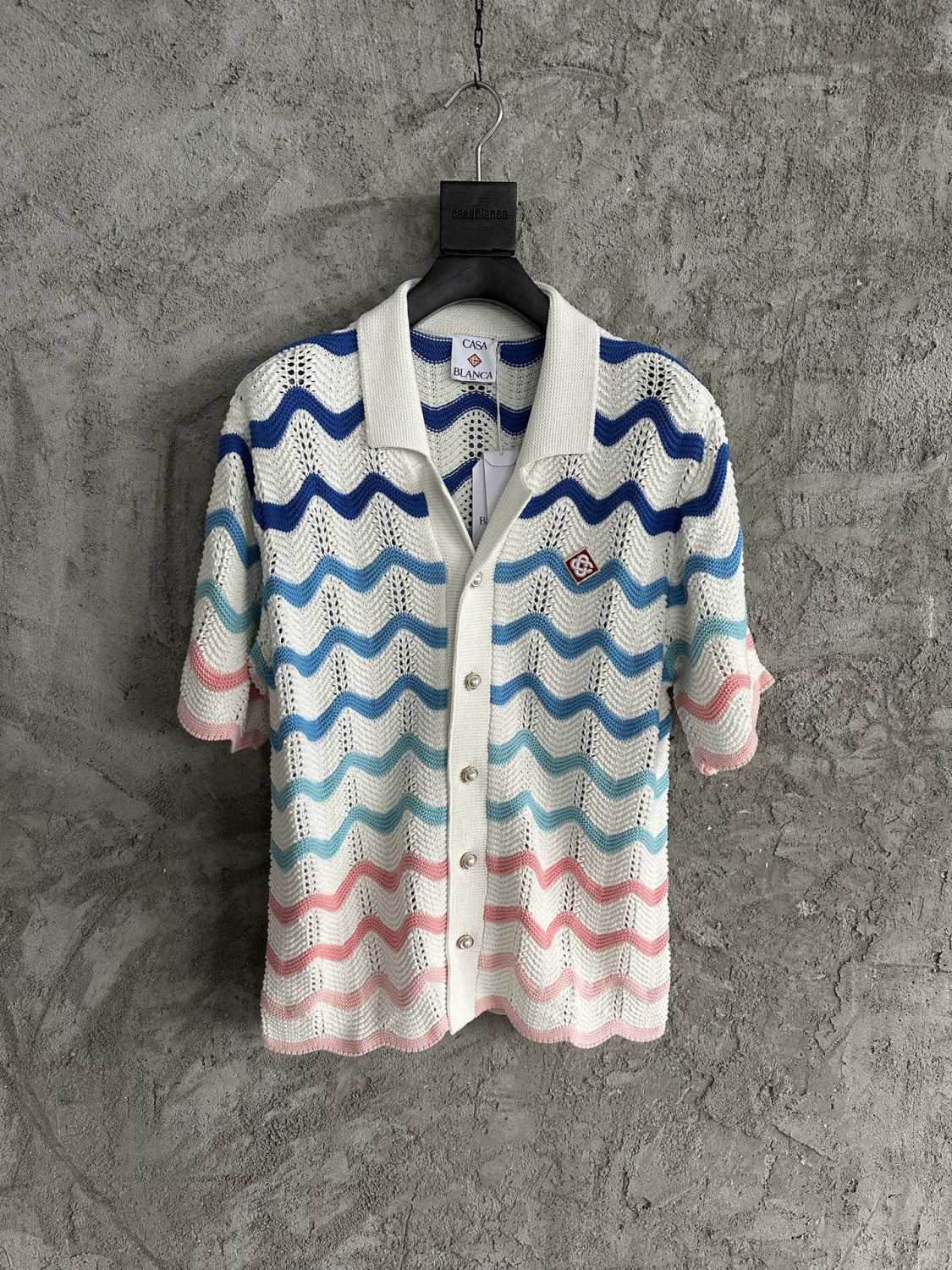 Casablanca Men's And Women's Summer Gradient Wave Print V-neck Single Breasted Knit Short Sleeved Shirt Casual Knit Shorts Suit Set #75833