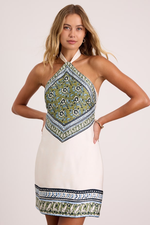 Ayson Ivory and Green Scarf Print Halter Mini Dress