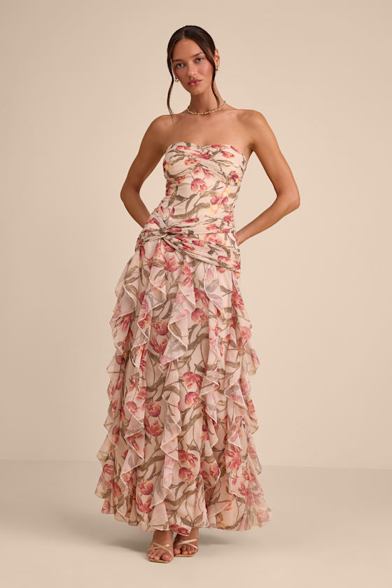 Danna Cream Multi Floral Ruffled Maxi Dress