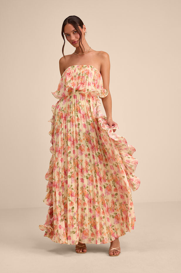 Andri Light Yellow Floral Pleated Ruffled Maxi Dress