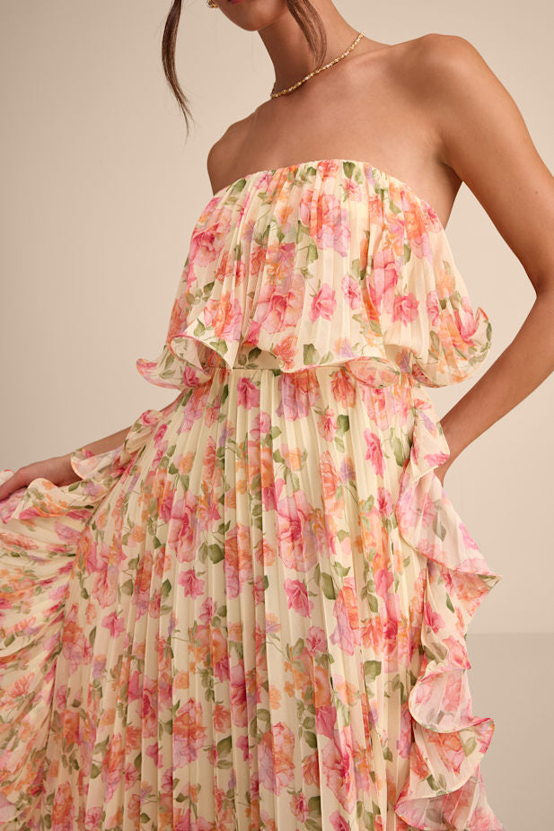 Andri Light Yellow Floral Pleated Ruffled Maxi Dress