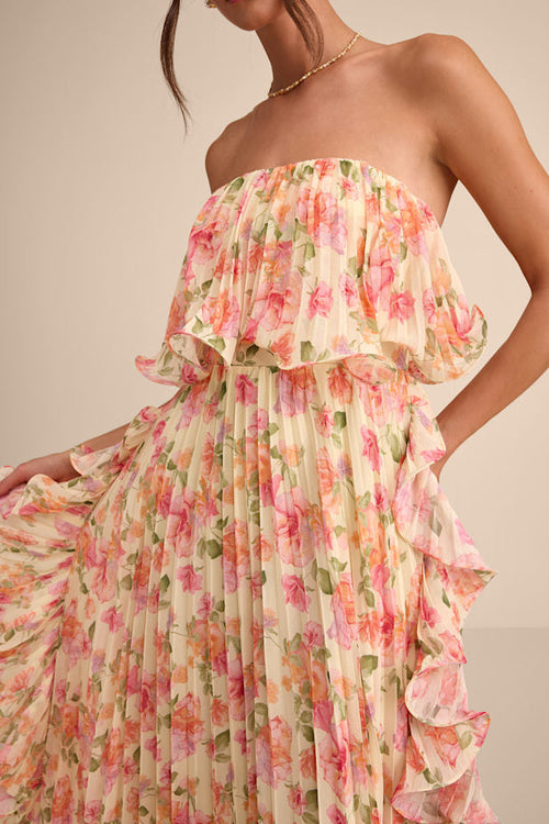 Andri Light Yellow Floral Pleated Ruffled Maxi Dress