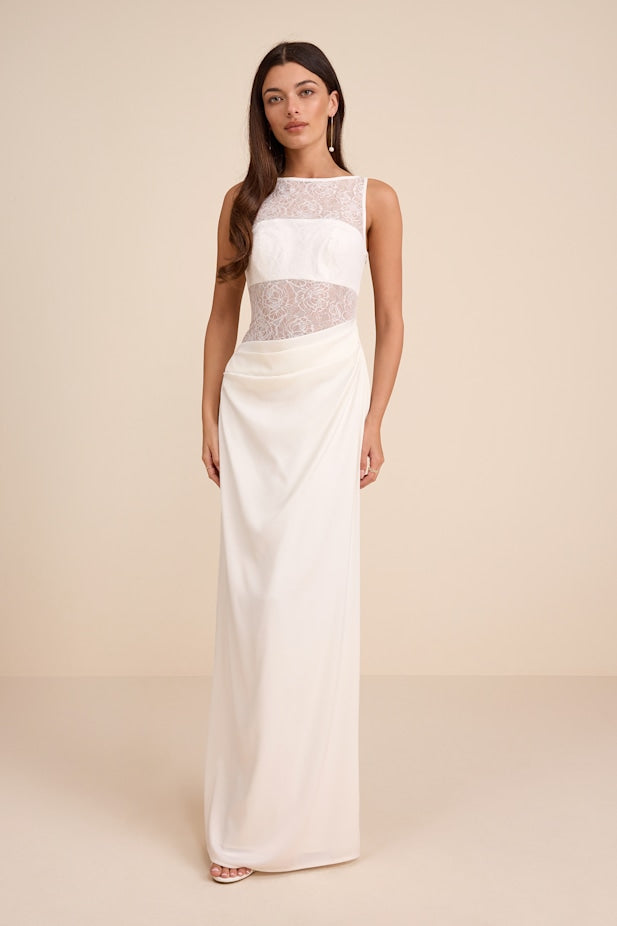 Akasha White Sheer Lace Mixed-Media Maxi Dress