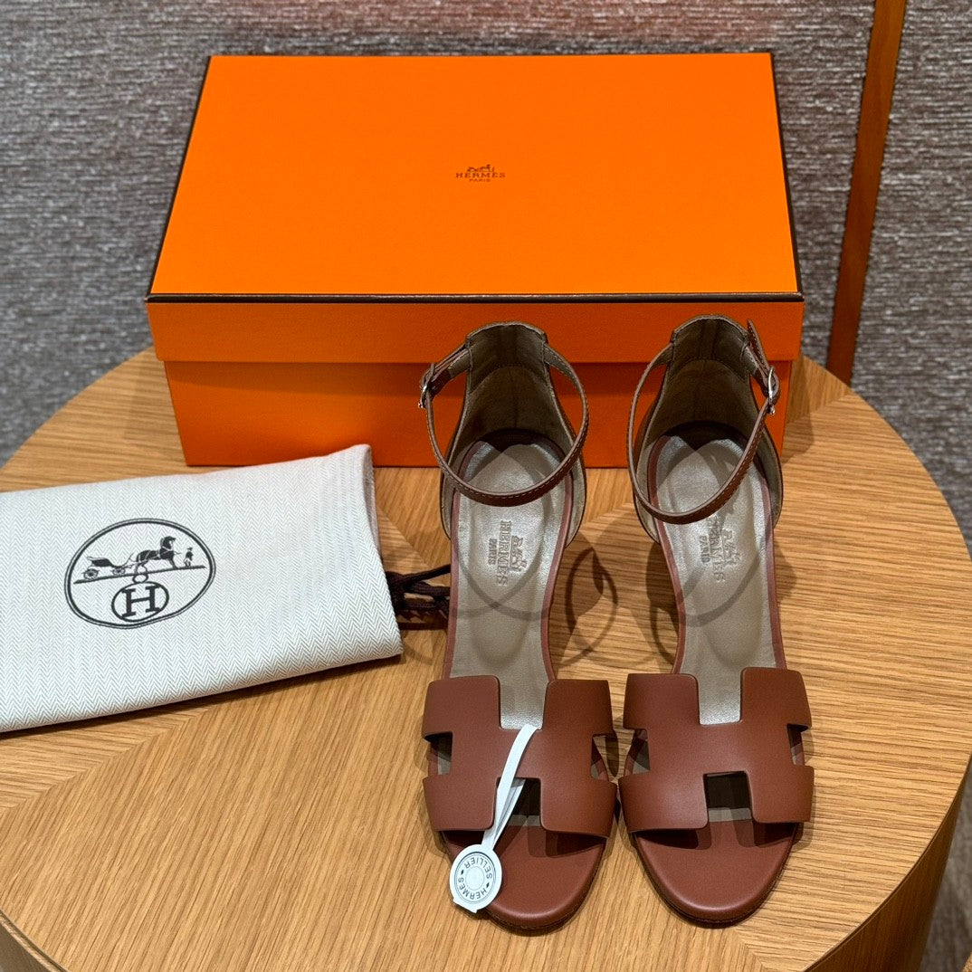 Hermes Legend Women's Solid Color Summer Solid Color Open Toe Buckle Leather Thick Sole High Heel Sandals Shoes #77466