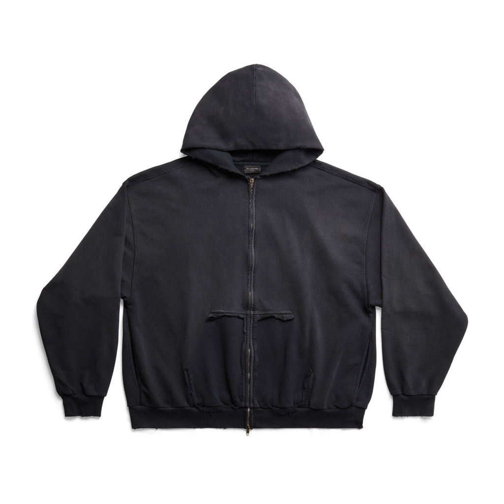 Balenciaga Men's Tape Type Ripped Pocket Oversized Fit Zip Hooded Sweatshirt Pullover #96961