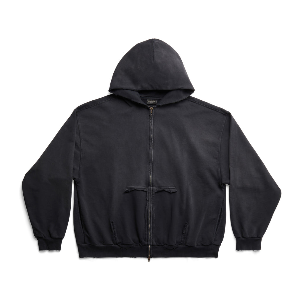 Balenciaga Men's Tape Type Ripped Pocket Oversized Fit Zip Hooded Sweatshirt Pullover #96961