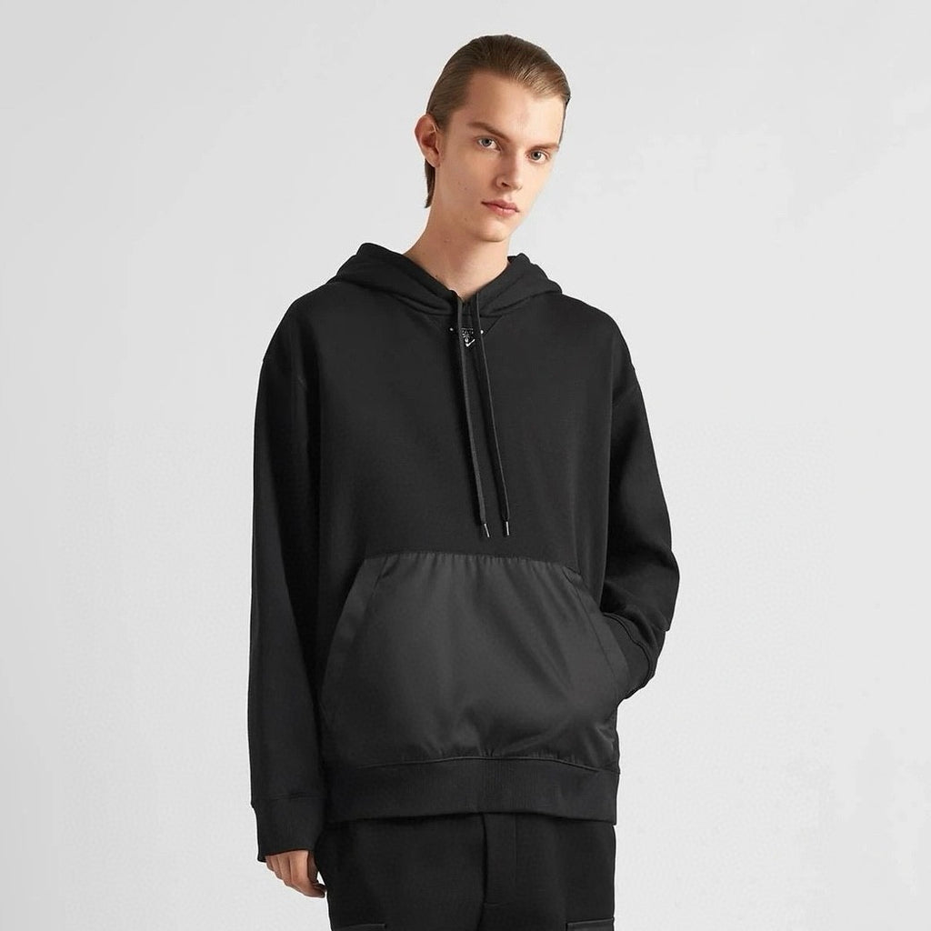 Prada Men's Spring and Fall Triangle Metal Label Black Cotton Hooded Drawstring Loose Sweatshirt Pullover #73284