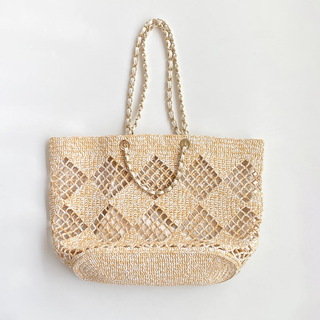 Chanel Women's CoCo Beach Collection Woven Shopper Solid Color Gold Buckle Logo Checkered Casual Tote Bag Bags AS4576-B15546-NW424 #81292