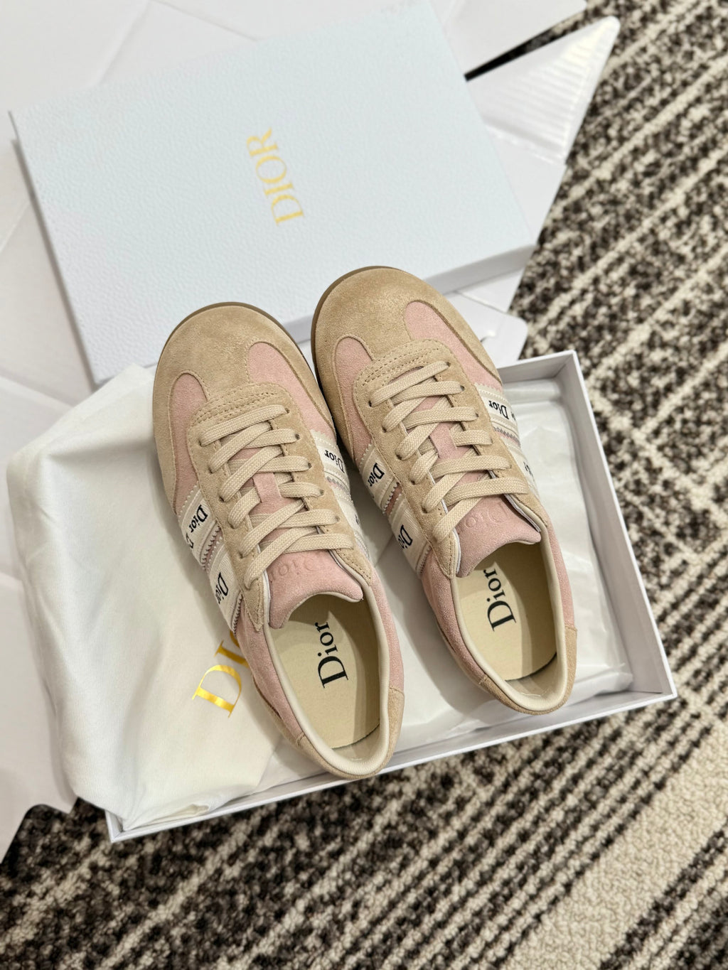 DIOR Dior Ribbon Sneaker Pink and Beige Suede Calfskin #381517