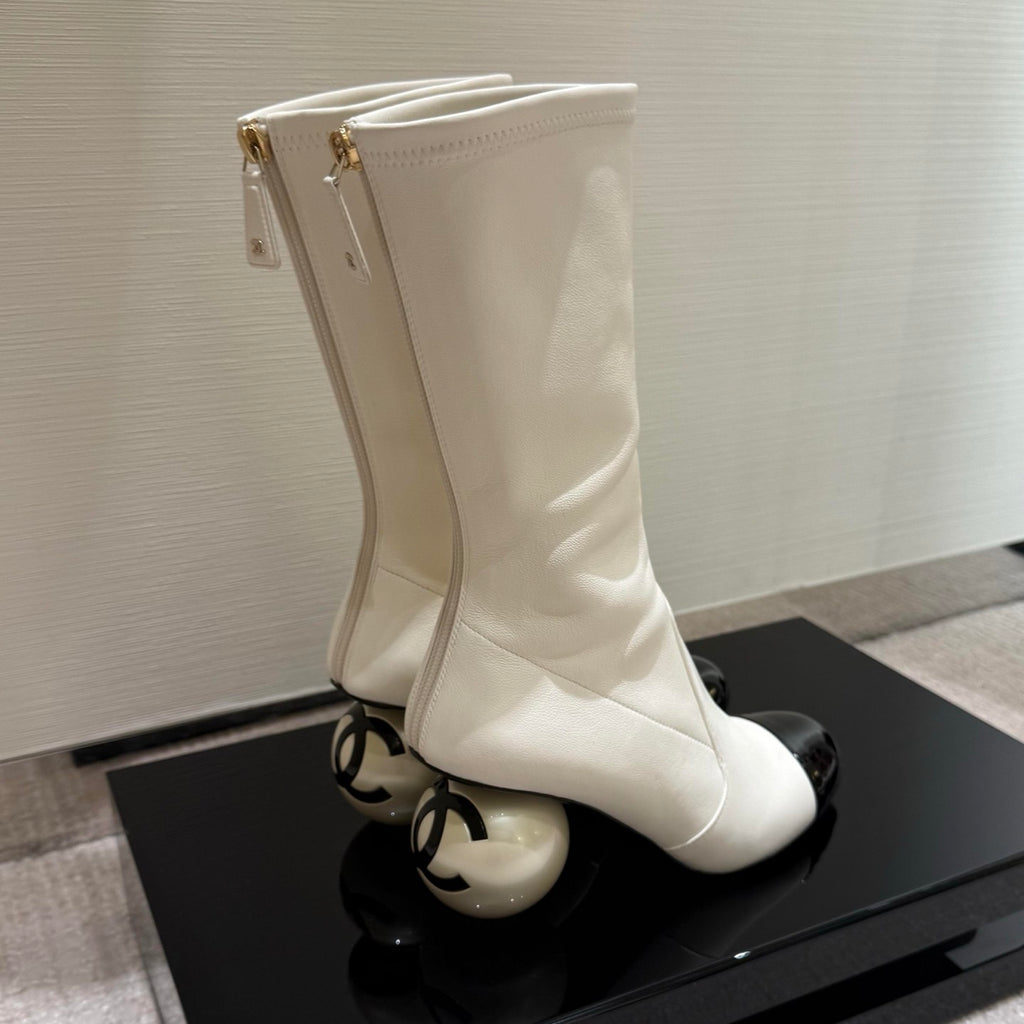 Chanel Women's Fall/Winter Fashion Classic Color Block Leather Round Toe Slip On Zipper Pearl Heel High Boots Pearl Boots Shoes #330870