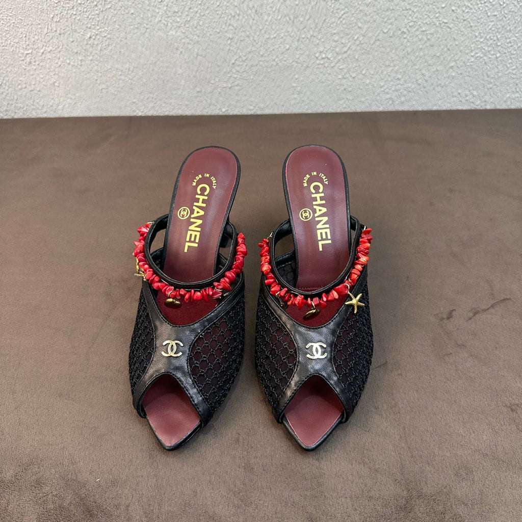 CHANEL Mules Mesh Cotton Lambskin Resin Metal Black #382390