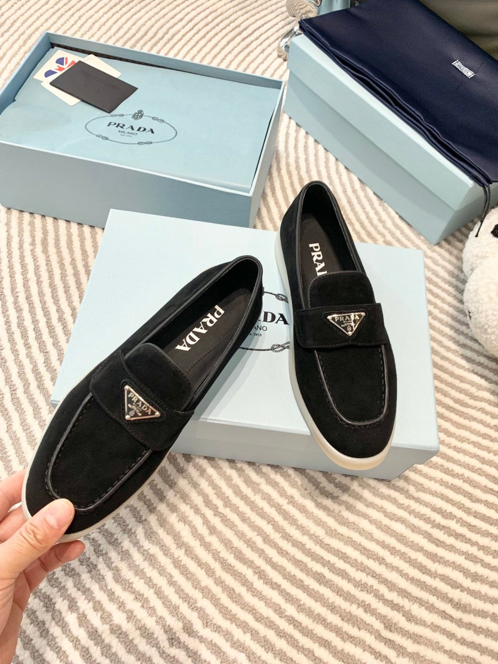 Prada Men's And Women's Spring/Summer Solid Color Fashionable Casual Round Toe Slip On Loafers In Cow Suede With Triangular Logo Shoes #78267