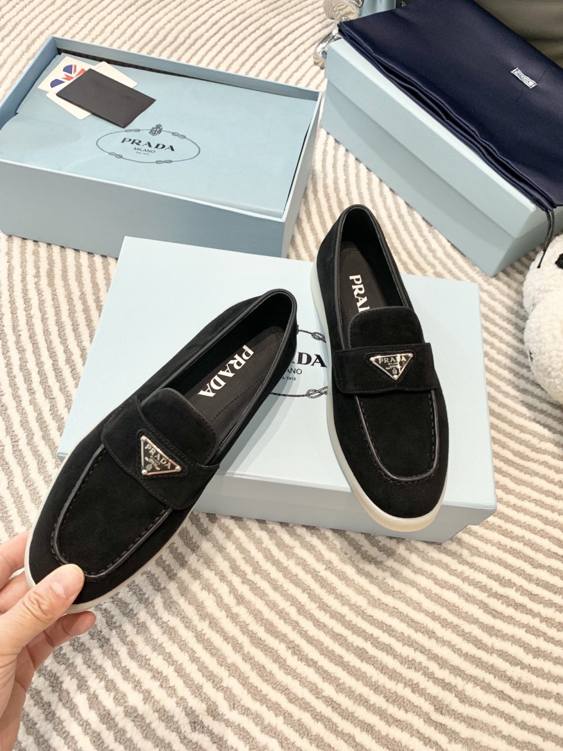 Prada Men's And Women's Spring/Summer Solid Color Fashionable Casual Round Toe Slip On Loafers In Cow Suede With Triangular Logo Shoes #78267
