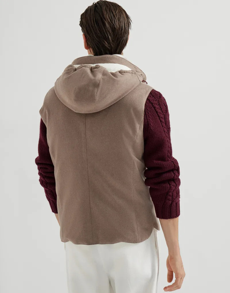 Brunello Cucinelli Men's Spring/Autumn Detachable Hooded Solid Color Single-Breasted Bonded Wool Flannel Down Vest Ngvp #2293