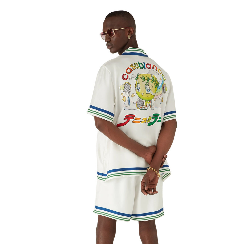 Casablanca Men's Summer Fashion Casual Doll Print Tennis Pattern Collared Single Breasted Short Sleeve Silk Shirt with Waist Elastic Silk Shorts Suit Set #78746