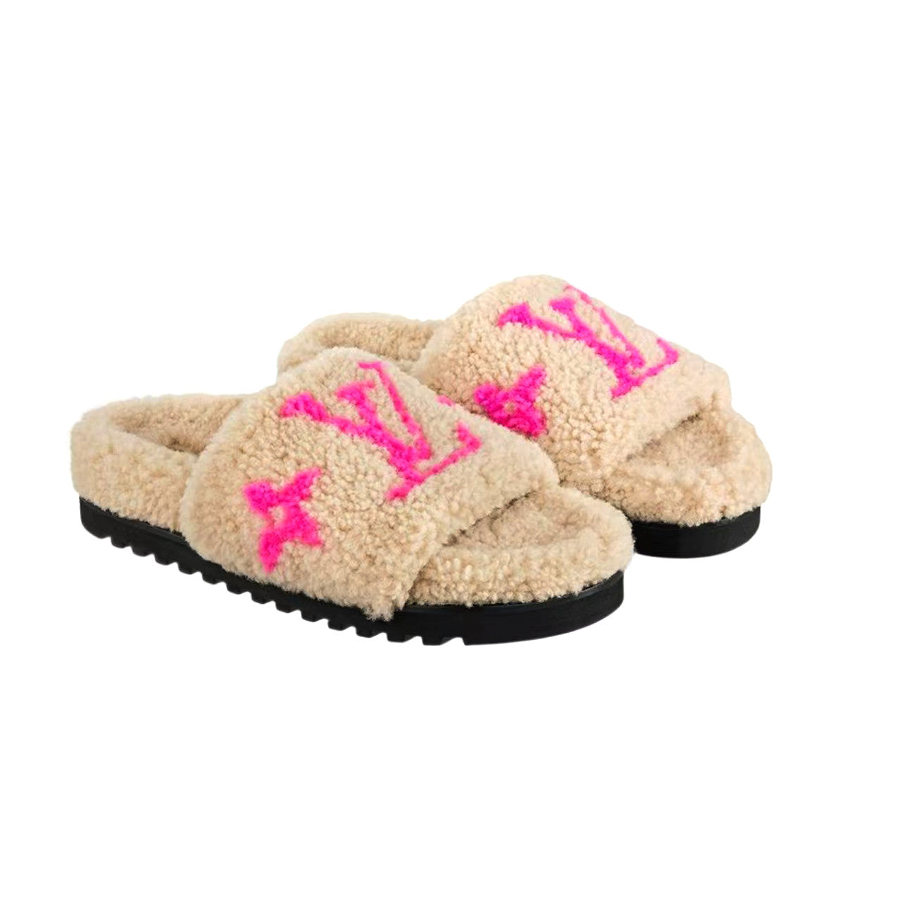 Louis Vuitton Women's Fall/Winter Fashion Casual Round Toe Open Toe Flat Thong Wool Slippers Shoes #78811