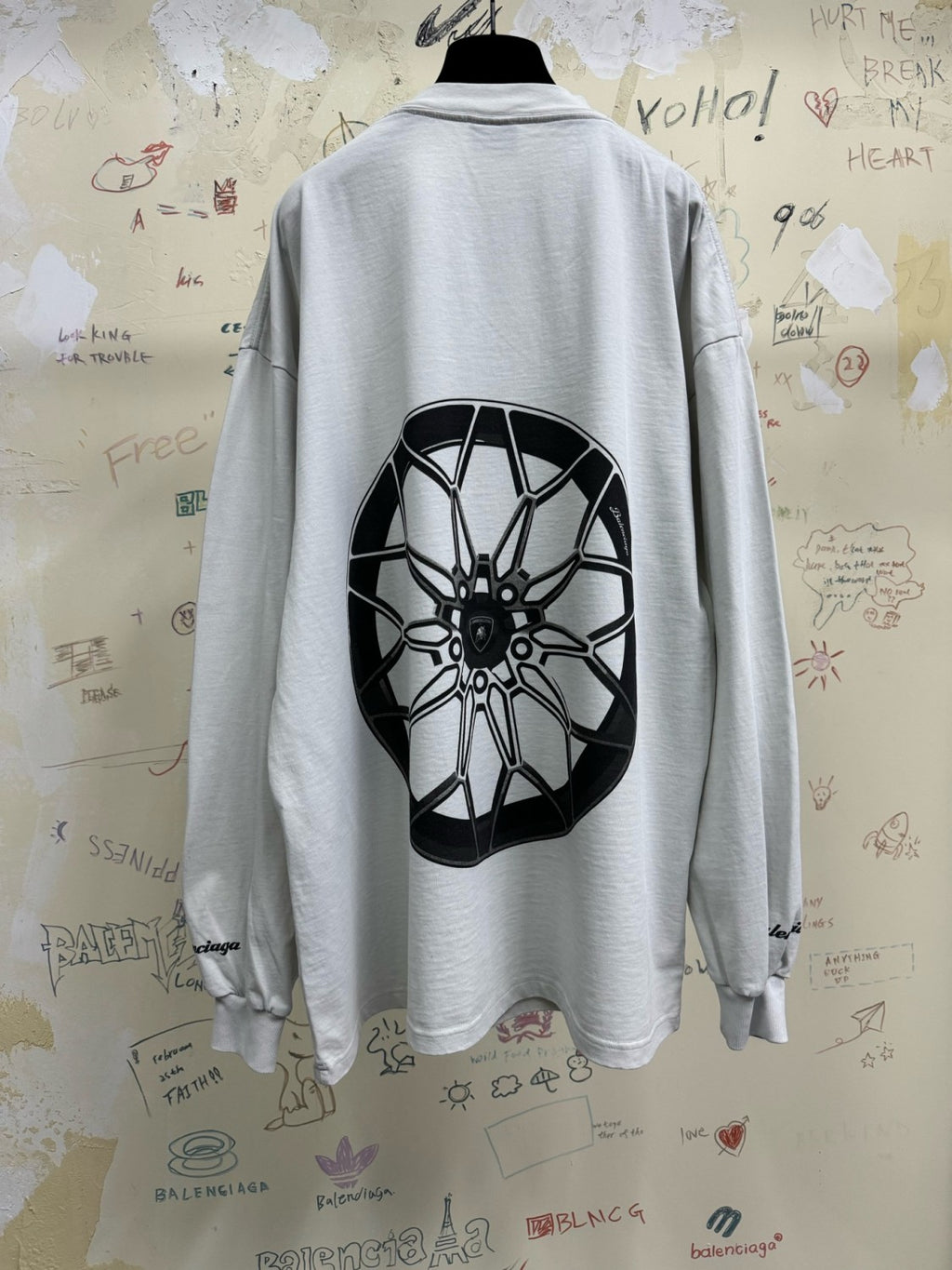 Balenciaga x Lamborghini Men's and Women's Summer Car Print Round Neck Pullover Drop Shoulder Regular Fit Cotton Long Sleeve T-Shirt #75253