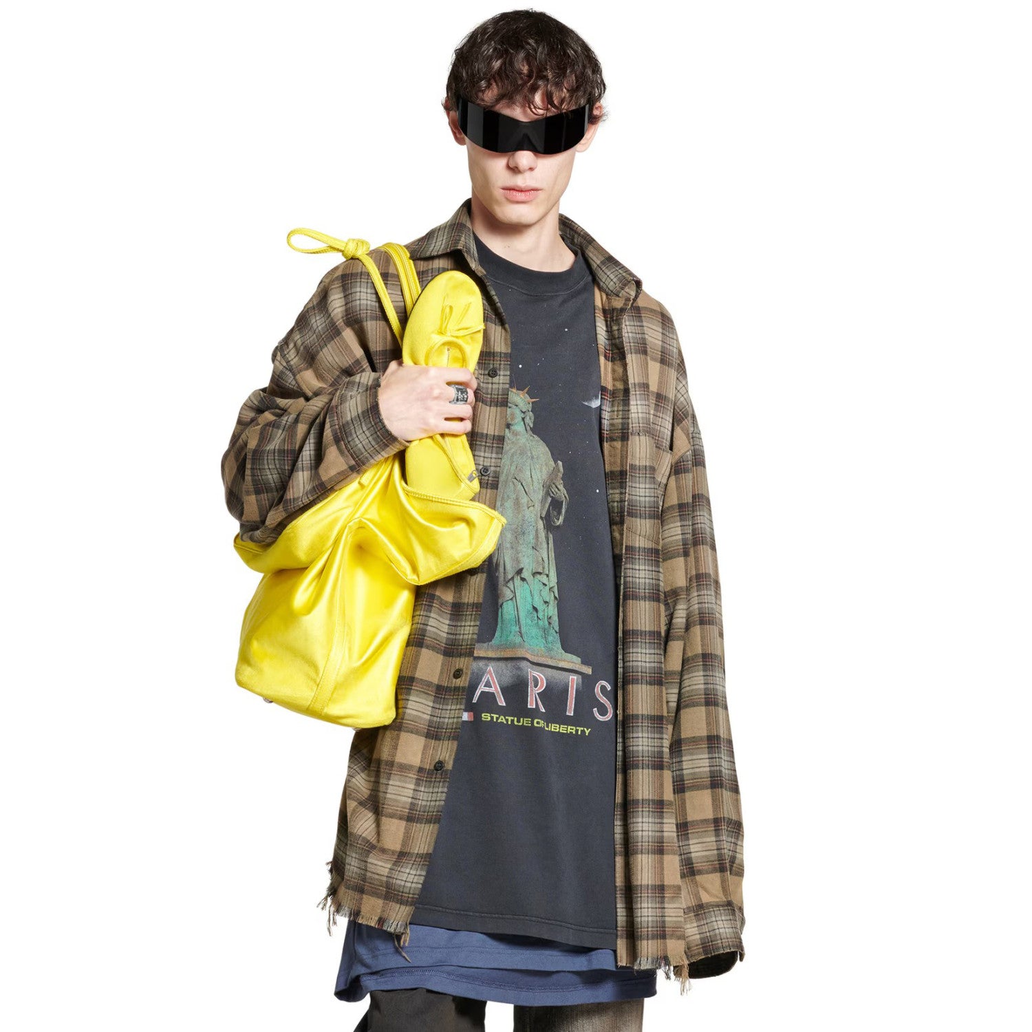 Balenciaga Men's Spring And Autumn Checkered Lapel Aged Cotton PARIS LIBERTY Loose Long Sleeve Solid Layered Shirt #73368