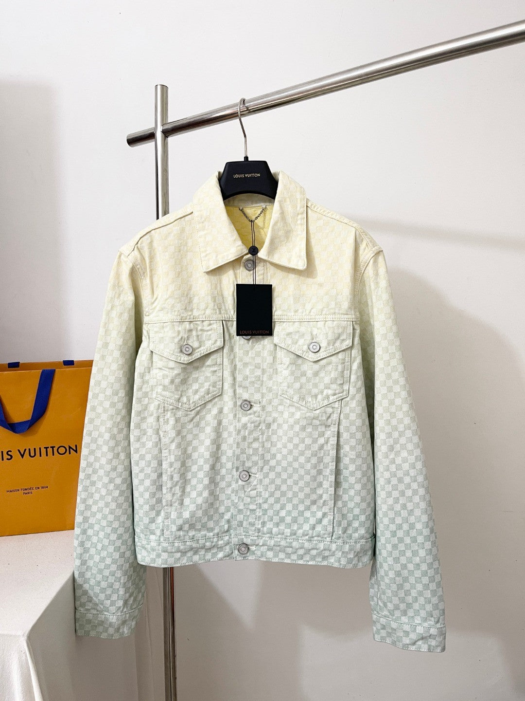 Louis Vuitton Men's Fall/Winter Gradient Checkerboard Print Single Breasted Denim Long Sleeve Jacket #76538