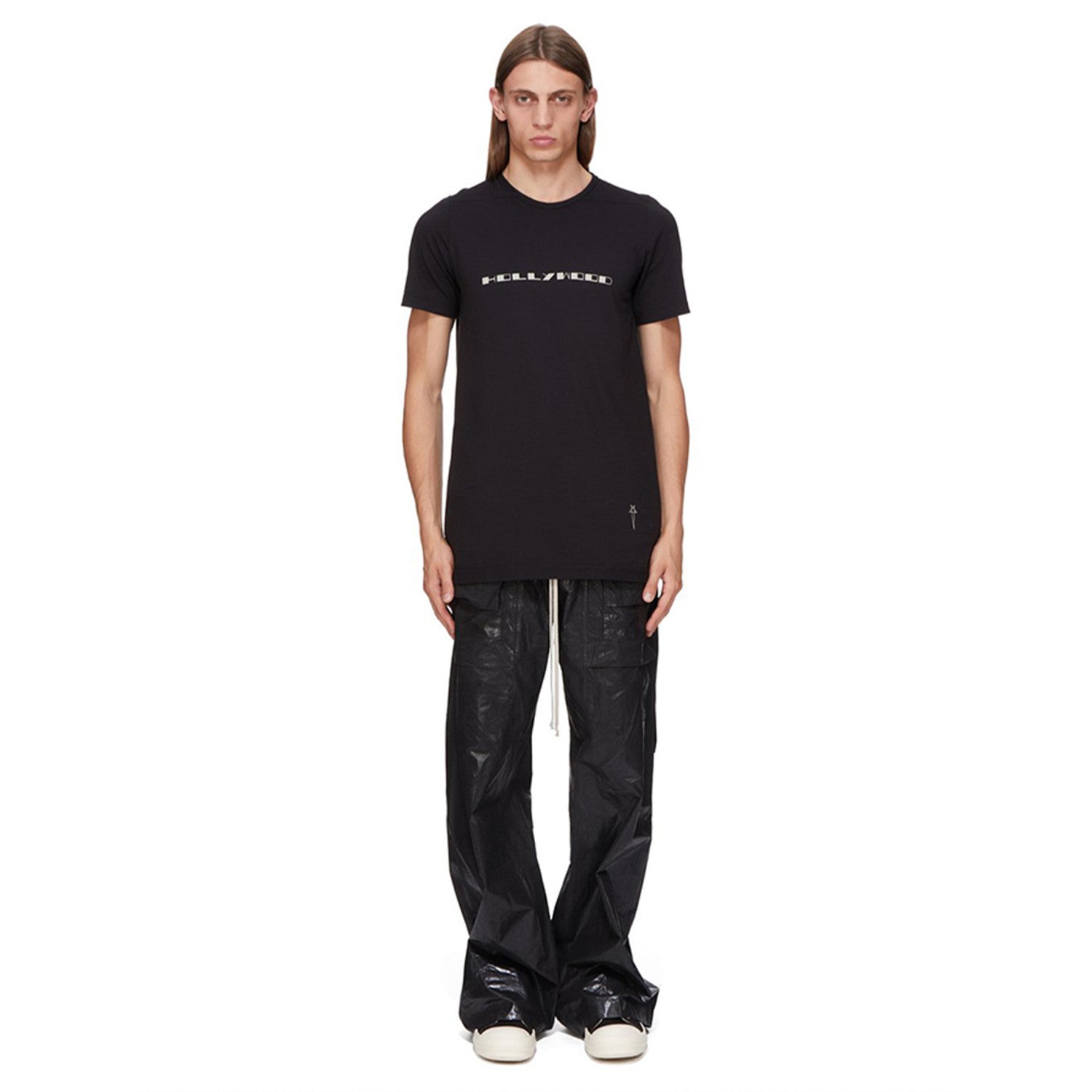 Rick Owens DRKSHDW Men's Spring Summer Waxed Double Loop Wide Leg Trousers Black High Street Shiny Loose Drawstring Straight Leg Trousers Drawstring Pants  Ngvp #1346
