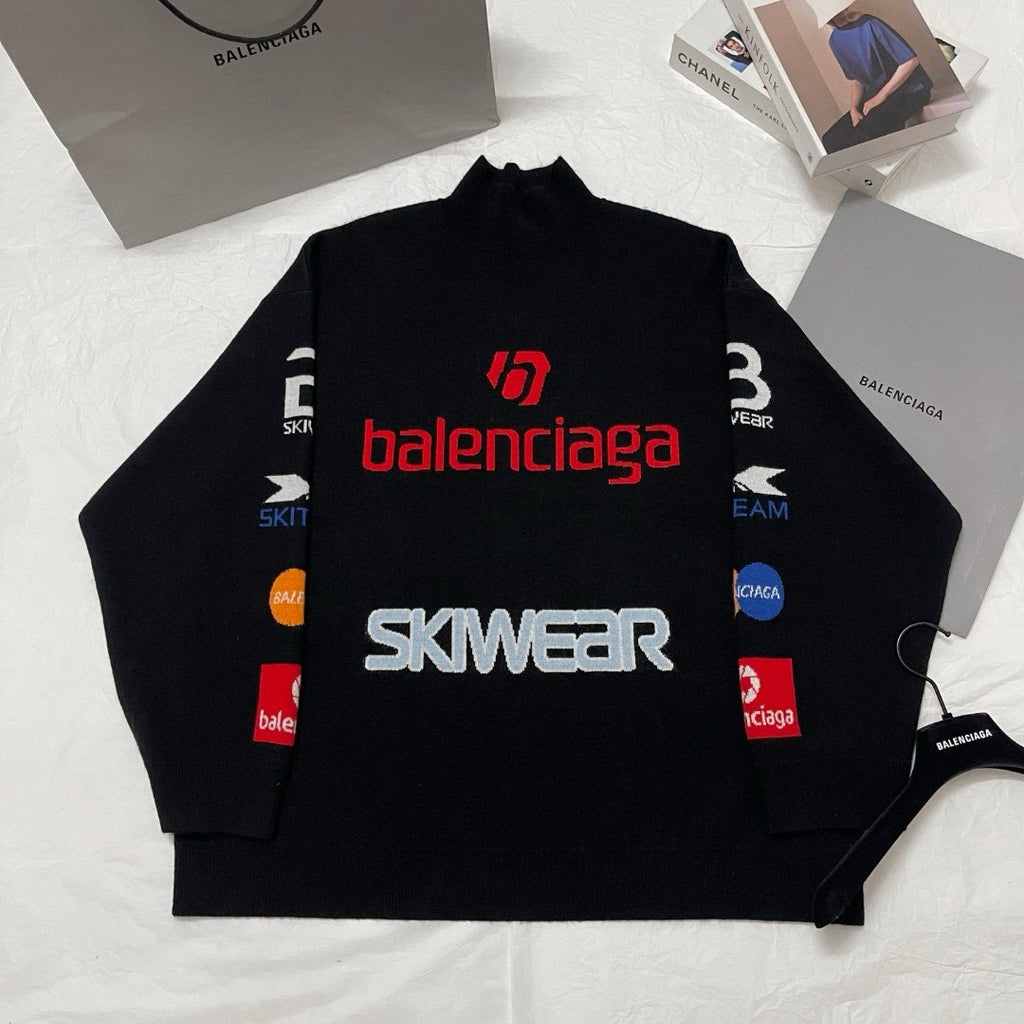 Balenciaga Men's and Women's Spring and Autumn Letter Printed High Neck Drop Shoulder Long Sleeve Sweater #74155