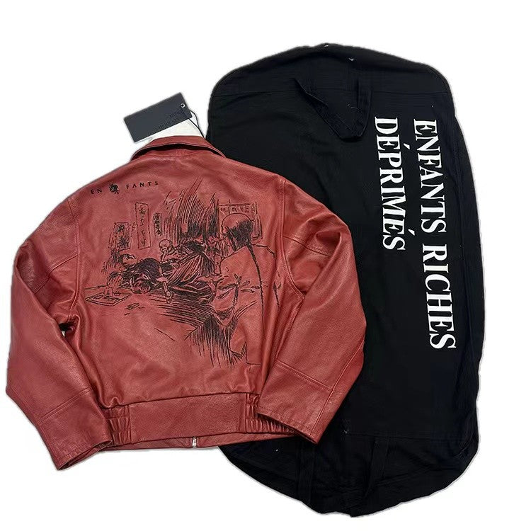 Enfants Riches Deprimes Men's Fall And Winter Black Fashion Trend High Street Goatskin Embroidery Lapel Zipper Leather Jacket Ngvp #7349