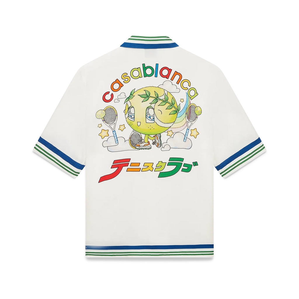 Casablanca Men's Summer Fashion Casual Doll Print Tennis Pattern Collared Single Breasted Short Sleeve Silk Shirt with Waist Elastic Silk Shorts Suit Set #78746