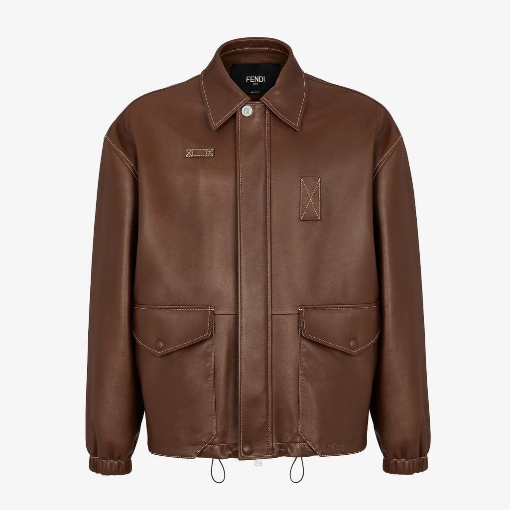 Fendi Men's Autumn and Winter Brown Lapel Zipper Loose Long Sleeve Leather Jacket #98884