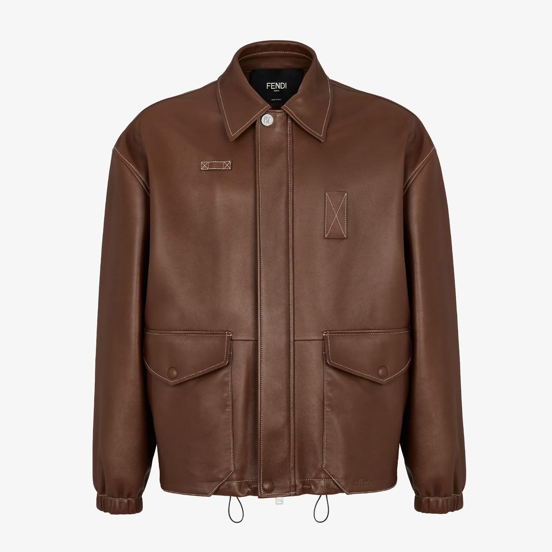 Fendi Men's Autumn and Winter Brown Lapel Zipper Loose Long Sleeve Leather Jacket #98884