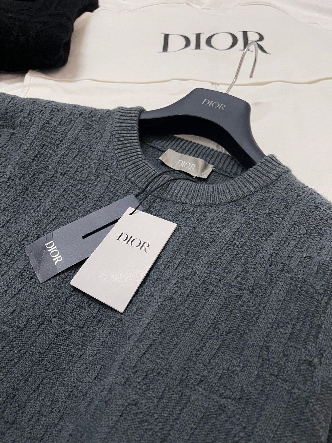 Dior Men's Spring and Autumn Solid Color Printed Ribbed Crew Neck Knit Sweater #75184
