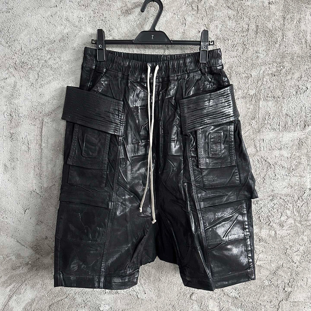 Rick Owens Dekshdw Men's Summer Flap Pocket Waxed Elastic Waist Solid Color Loose Fit Denim Shorts Ngvp #1548